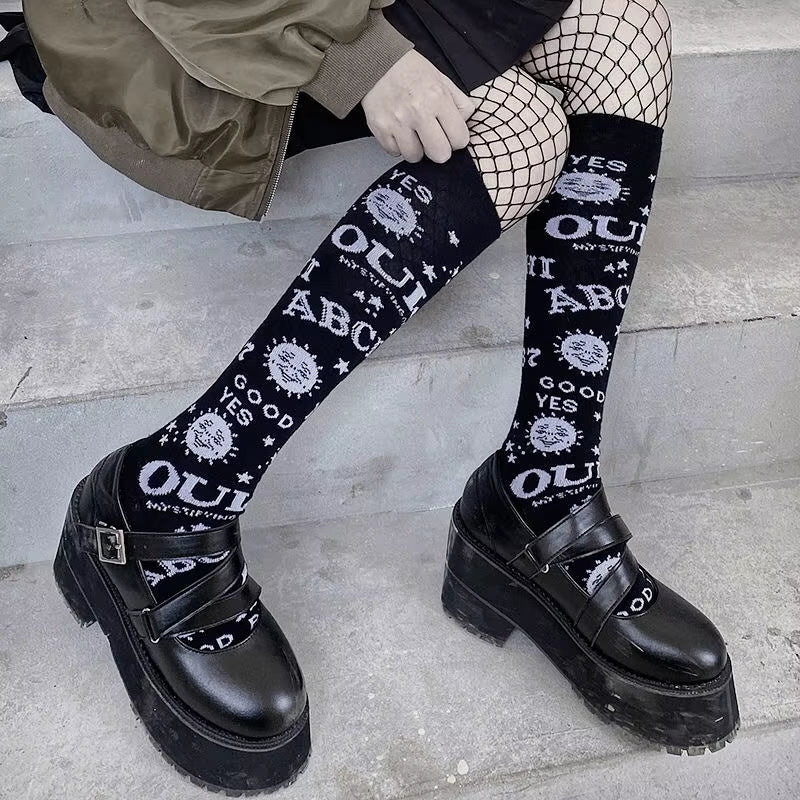 Harajuku Dark Magic Star Moon Knee Socks Women Girl Gothic Punk Skate Subculture JK Y2K School Casual Retro Ouija Board Long