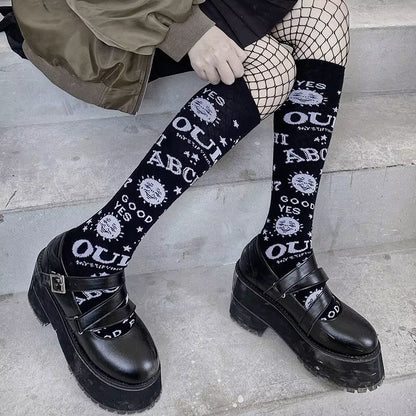 Harajuku Dark Magic Star Moon Knee Socks Women Girl Gothic Punk Skate Subculture JK Y2K School Casual Retro Ouija Board Long