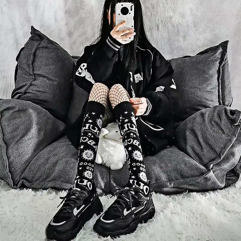 Harajuku Dark Magic Star Moon Knee Socks Women Girl Gothic Punk Skate Subculture JK Y2K School Casual Retro Ouija Board Long