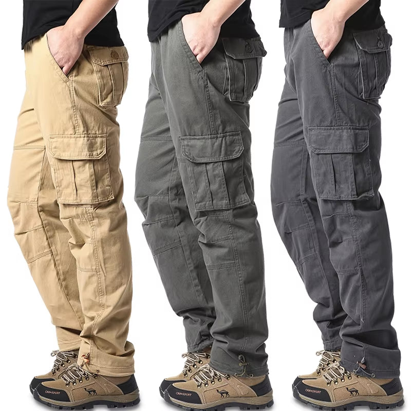 Large Pocket Loose Overalls Men'S Outdoor Sports Jogging Tactical Pants Elastic Waist Pure Cotton Casual Work Pants