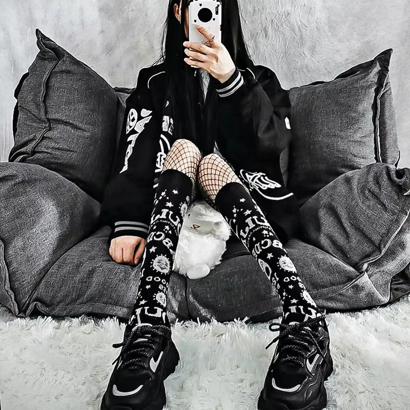 Harajuku Dark Magic Star Moon Knee Socks Women Girl Gothic Punk Skate Subculture JK Y2K School Casual Retro Ouija Board Long